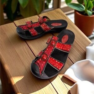 Corkys Elite‎ Sandals Women Cave 9 EU39 Red Floral Slip On Leather Comfort Roman